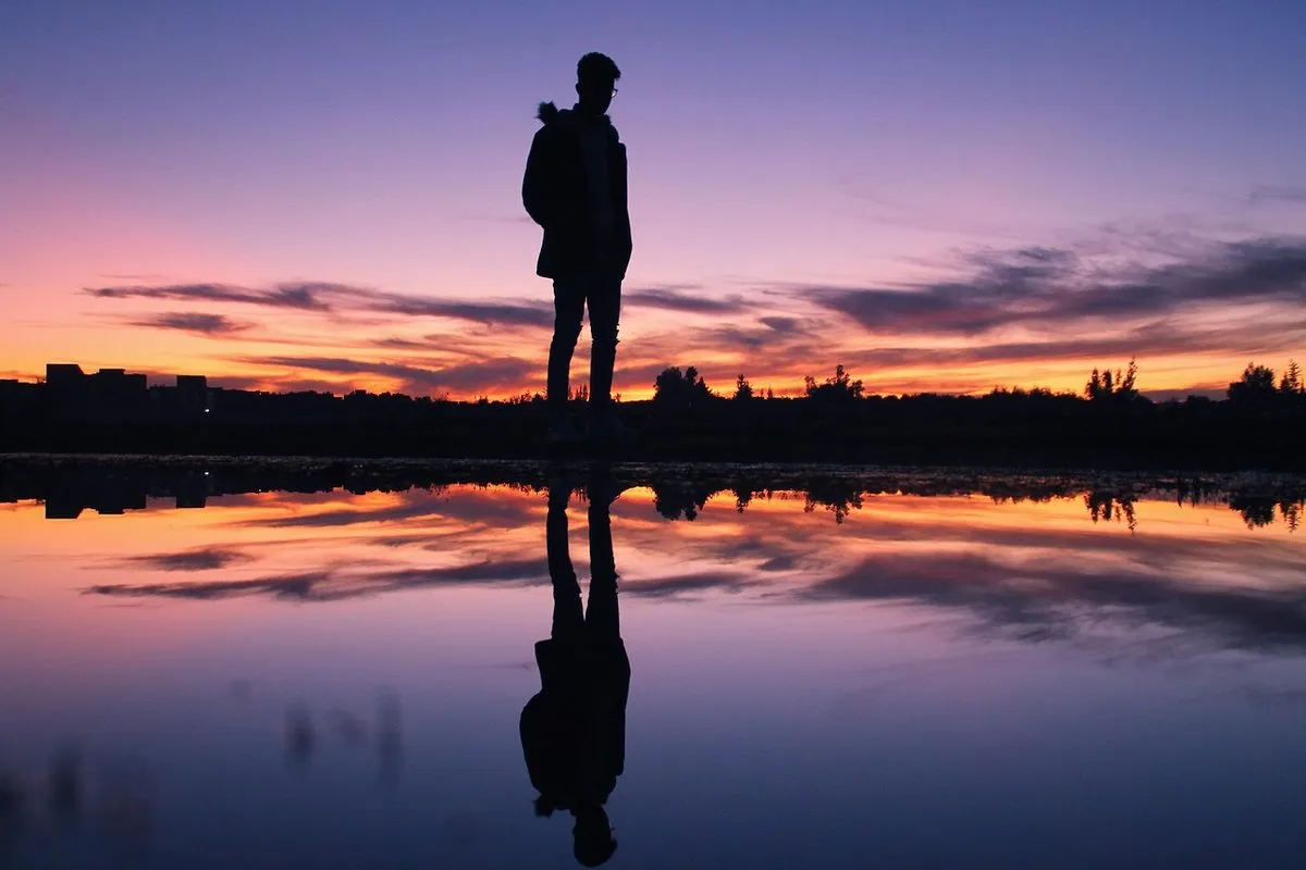 person, man, boy, sunset, twilight, nature, water, water pool, mirror image, reflection, mirroring, light, waters, color, mood, landscape, med ahabchane, person, man, boy, boy, boy, boy, boy