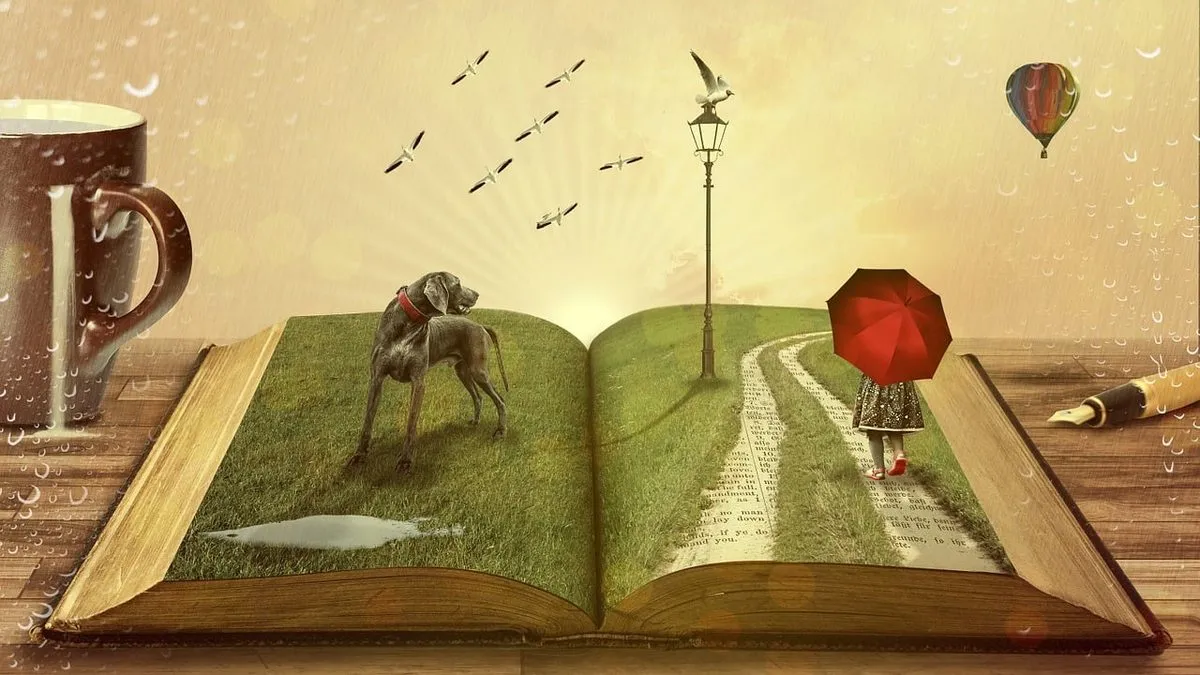 book, dog, fairy tales, child, kid, umbrella, street lamp, trail, path, book pages, literature, pet, pages, story, animal, dream, fantasy