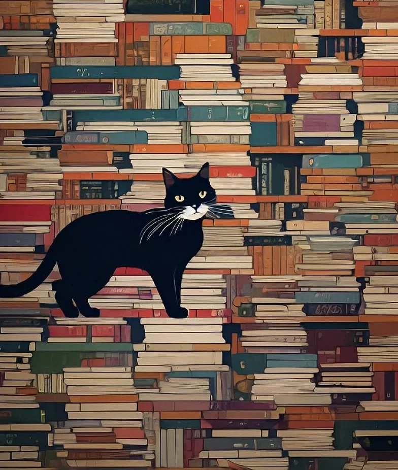 ai generated, cat, library, books, pet, book nook, reading, book lover, cat lover, wallpaper, phone wallpaper, adorable, animal, black cat, stacks, book shelves, bookshelf, literature, bookshelves, comfortable, study, reader, playful, book cover art, book cover