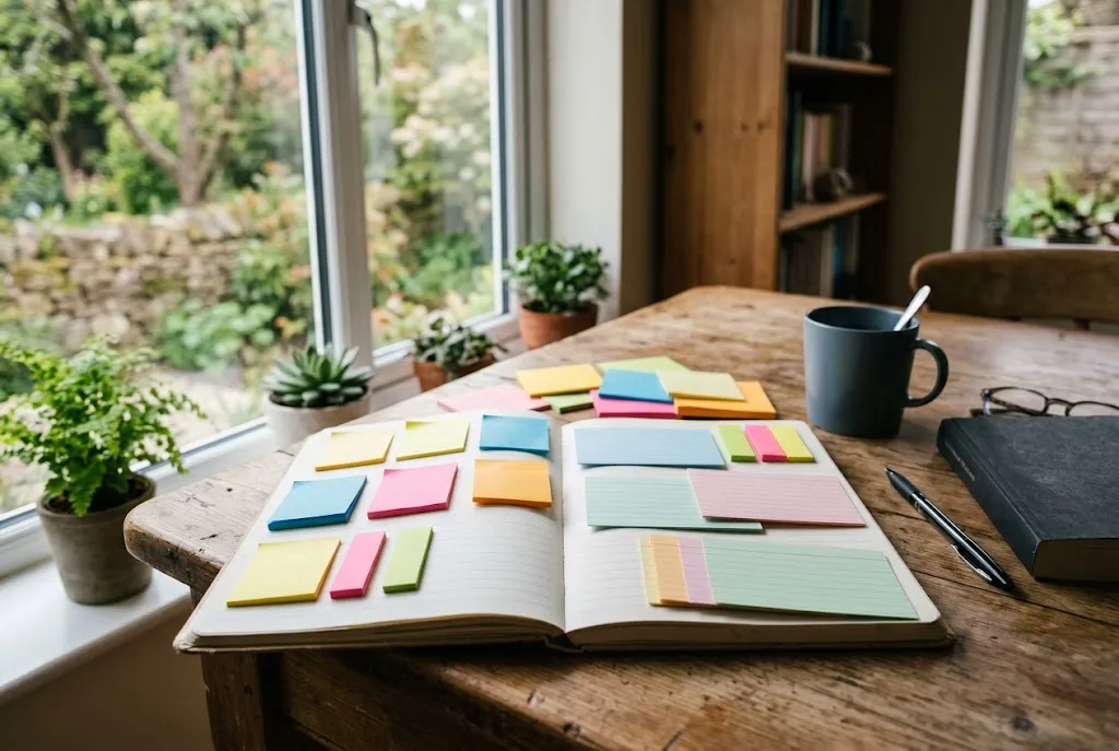 Open notebook covered with coloured sticky notes and index cards, sorted into groups on a desk