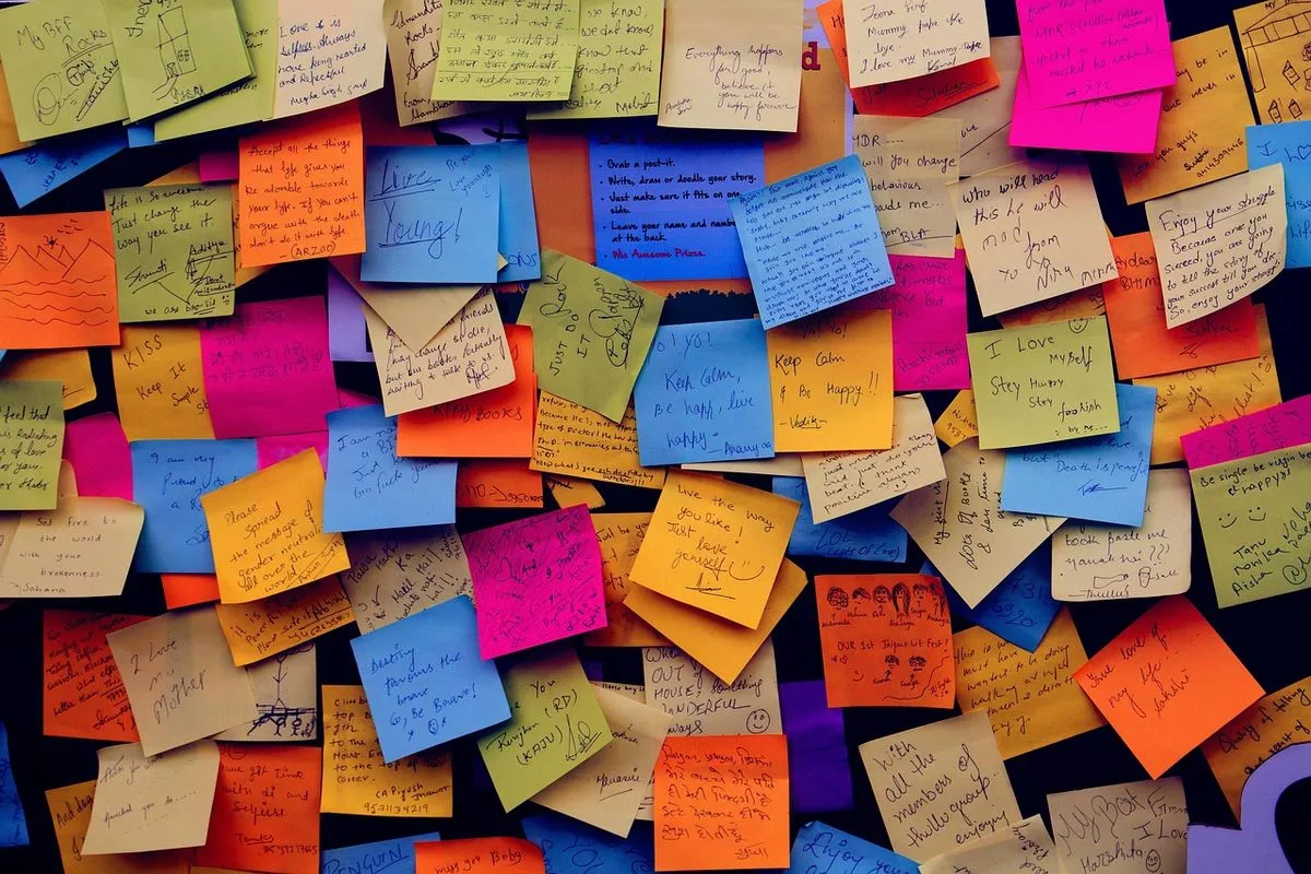 sticky notes, note, notice board, bulletin board, communication, attach, colorful