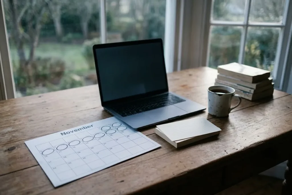 Calendar, index cards and a laptop on a desk during NaNoWriMo prep