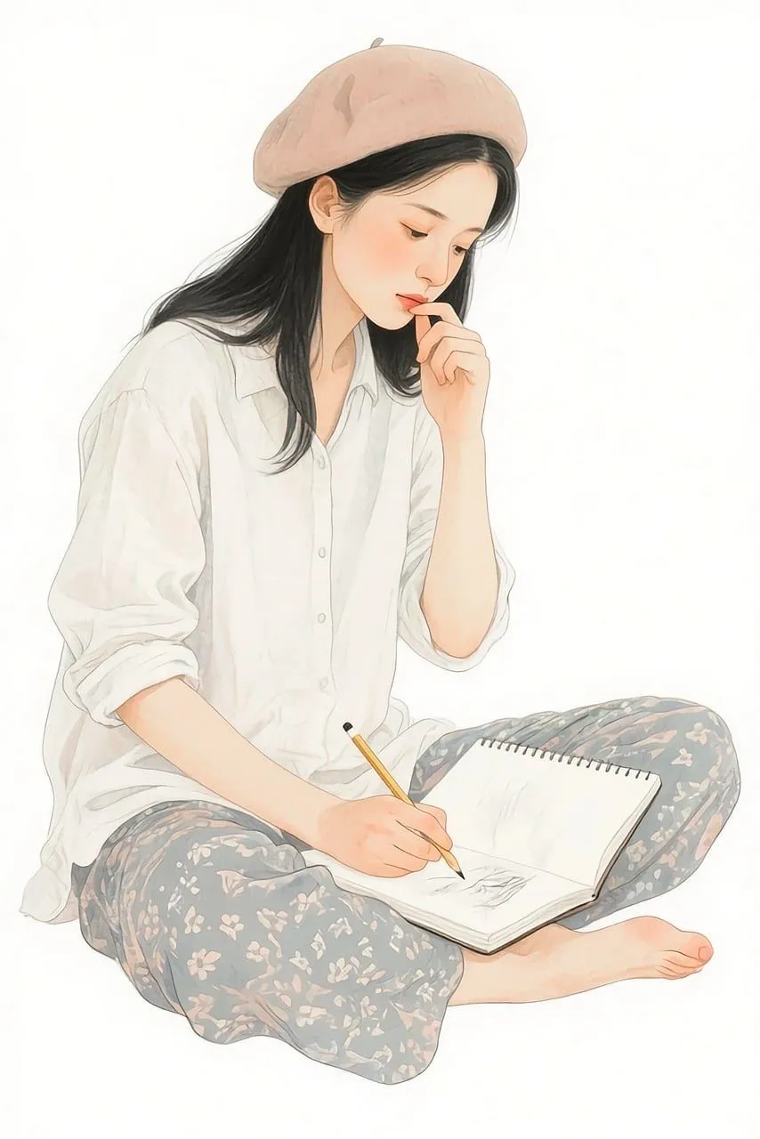 woman, female, girl, drawing, sketchbook, artist, creativity, lifestyle, portrait, art, hand-drawn, stylish, modern, chic, aesthetic, beauty, casual, minimal, creative, character design, artwork, no text, no watermark, ai generated