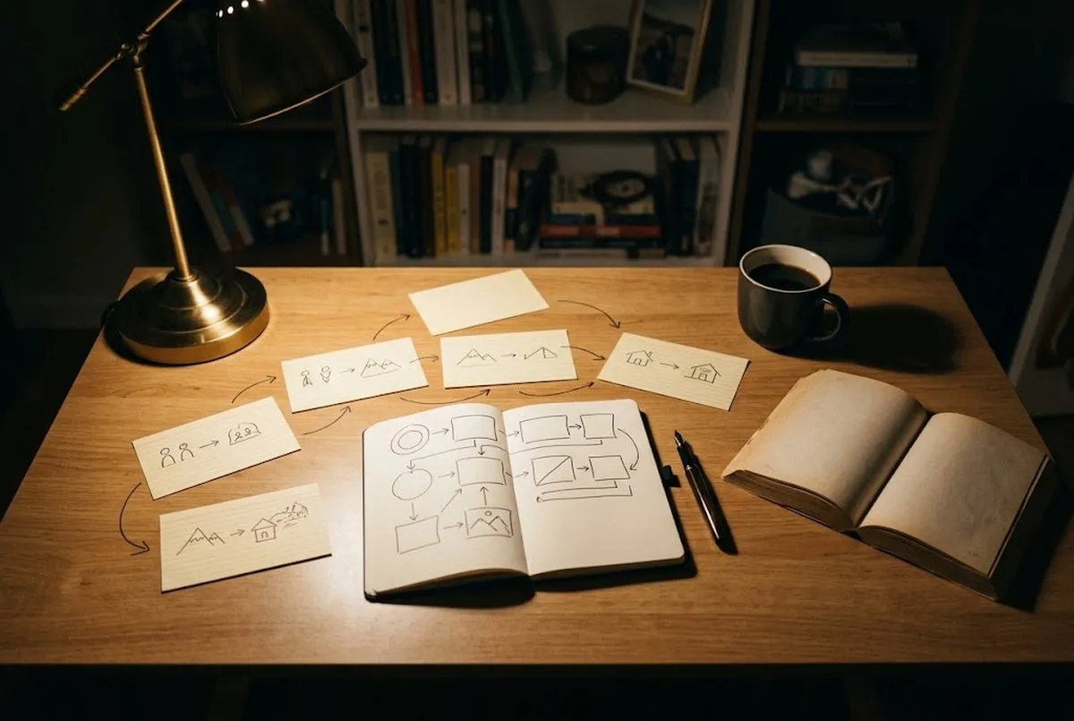 Notebook with a story outline, index cards and a pen on a desk