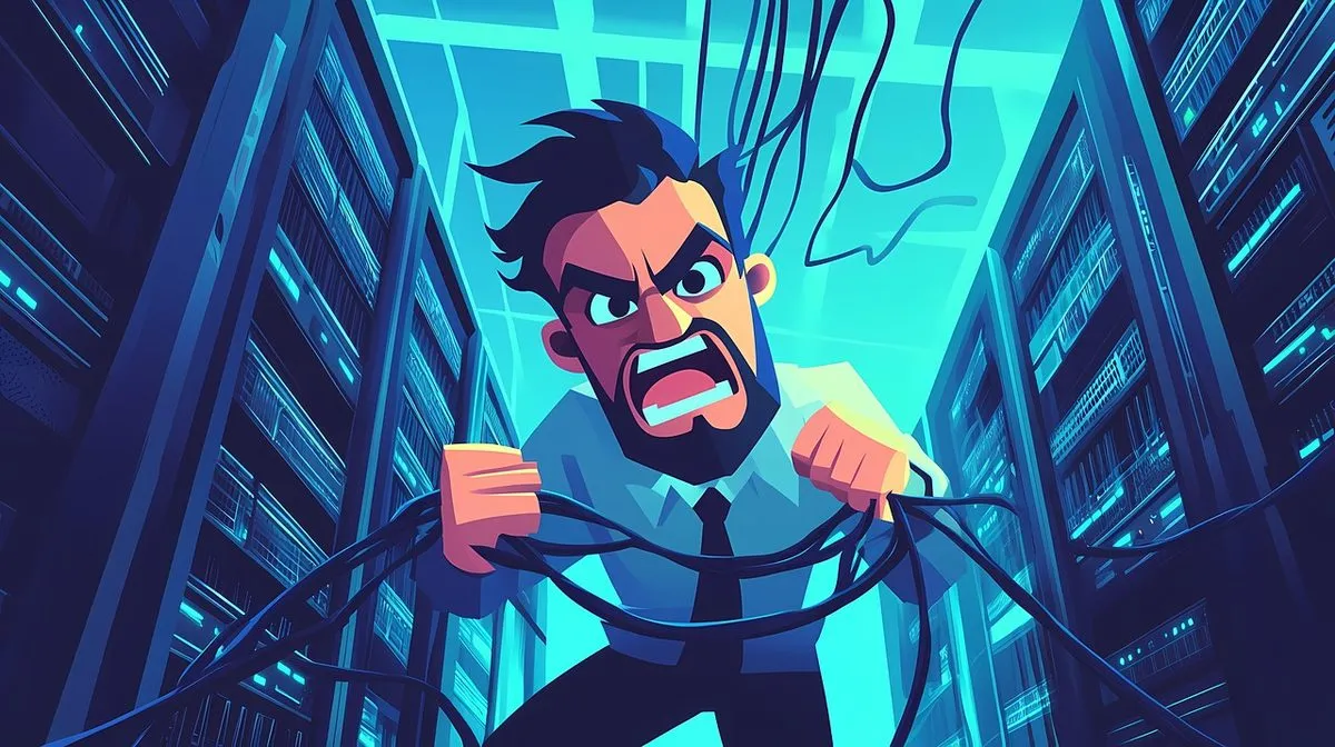 ai generated, administrator, angry, system, frustration, cables, server, data center, technology, stress, chaos, computer, network, problem, tangled, server room, technician, tech support, cartoon, hardware, anger, admin