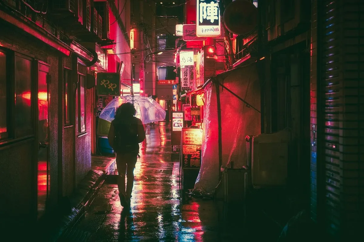 japan, osaka, night, asia, landmark, travel, japanese, architecture, city, building, tourist, outdoor, street food, street markets, neon, glow, advertising, urban, nature, man, guy, people, traveller, adventure, rain, umbrella