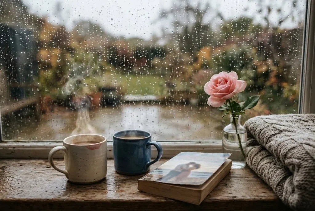Two cups of coffee and an open romance novel on a windowsill in the rain