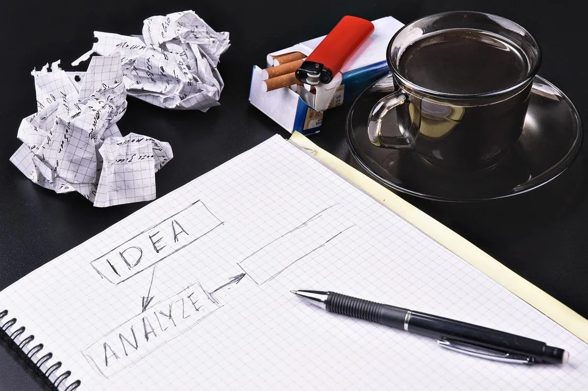 idea, concept, notebook, pencil, crumpled papers, cigarettes, coffee, decision, business, notepad, office, thinking, analyzing