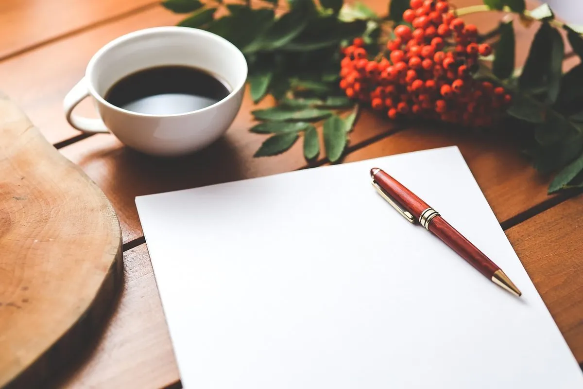 blank, paper, pen, coffee, coffee cup, work, working, desk, wooden table, page, note, blank page, blank paper, white, cup, workspace, workplace